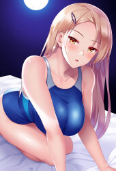 Rule 34 | 1girl, all fours, blonde hair, blue one-piece swimsuit, breasts, hair ornament, hairclip, huyumitsu, large breasts, long hair, looking at viewer, on bed, one-piece swimsuit, open mouth, original, solo, straight hair, swimsuit, yellow eyes