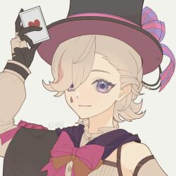 Rule 34 | 1boy, asymmetrical bangs, black gloves, black hat, bow, bowtie, card, facial mark, genshin impact, gloves, hair over one eye, hat, highres, holding, holding card, lizhi (lobrory89873), lyney (genshin impact), male focus, pink bow, pink bowtie, playing card, purple eyes, smile, solo, top hat
