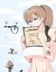 Rule 34 | 2girls, a-4 skyhawk, ahoge, battle rifle, blue eyes, boeing, boeing defense, space &amp; security, breasts, brown hair, ch-47 chinook, covered erect nipples, gun, helicopter, highres, intrepid (kancolle), jewelry, kantai collection, kilroylw, large breasts, long hair, m14, multiple girls, navel, outdoors, ponytail, rifle, ring, smile, sparkle, sweat, tagme, tattoo, uh-1 iroquois, underboob, weapon, wedding band