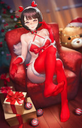 Rule 34 | 1girl, armchair, ball, black eyes, black hair, blush, bow, bow bra, bowtie, box, bra, breasts, chair, christmas, christmas lights, christmas ornaments, christmas tree, collarbone, criss-cross halter, dutch angle, feet, fengyin shici guozi, full body, fur-trimmed gloves, fur-trimmed legwear, fur trim, gift, gift box, glasses, gloves, hairband, halterneck, hat, heart, heart-shaped pupils, highres, indoors, large breasts, legs, looking at viewer, nose blush, original, panties, pillow, red bow, red bra, red gloves, red panties, red thighhighs, santa costume, santa hat, semi-rimless eyewear, side-tie panties, sitting, smile, solo, stuffed animal, stuffed toy, swept bangs, symbol-shaped pupils, teddy bear, thighhighs, two-tone bow, under-rim eyewear, underwear, white hairband, wooden floor