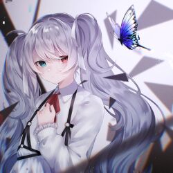 Rule 34 | 1girl, 25-ji miku, :|, blue butterfly, blue eyes, bug, butterfly, chest harness, closed mouth, collared shirt, dot nose, expressionless, grey hair, hair between eyes, hair ribbon, hand on own chest, harness, hatsune miku, heterochromia, highres, insect, long hair, long sleeves, looking at viewer, neck ribbon, nuko 0108, o-ring, project sekai, raised eyebrows, red eyes, red ribbon, ribbon, ringed eyes, shirt, sidelocks, simple background, solo, twintails, upper body, vocaloid, white background, white ribbon, white shirt