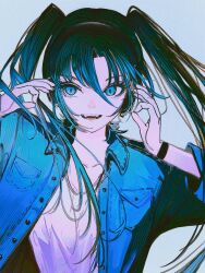 Rule 34 | 1girl, blue eyes, blue hair, blue jacket, blue theme, bracelet, collarbone, fangs, floating hair, grey background, hair between eyes, hatsune miku, highres, jacket, jewelry, john kafka, long hair, long sleeves, looking at viewer, open clothes, open jacket, open mouth, shirt, smile, solo, teeth, twintails, upper body, upper teeth only, vocaloid, white shirt