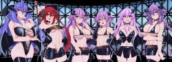 Rule 34 | 6+girls, :d, ;d, ;p, adult neptune, alternate breast size, alternate costume, arm behind back, arm behind head, bare shoulders, belt bra, black bra, black gloves, black legwear, black shorts, black skirt, blue eyes, blue hair, blush, bra, braid, breasts, cleavage, clothes lift, cowboy shot, crop top, cross-laced clothes, cross-laced shorts, demon horns, demon tail, demon wings, detached sleeves, dura, elbow gloves, embarrassed, fang, female focus, gloves, groin, hair between eyes, hair ornament, hairclip, halloween, halloween costume, hand on own cheek, hand on own face, hand on own hip, hands on own chest, highleg, highleg panties, highres, holding, holding scythe, holding weapon, horns, huge breasts, indoors, iris heart, kami jigen game neptune v, large breasts, leaning back, lifting own clothes, long hair, looking at viewer, matching hair/eyes, midriff, miniskirt, multiple girls, multiple persona, naughty face, navel, nepgear, neptune (neptunia), neptune (series), no bra, one eye closed, open mouth, orange eyes, orange panties, panties, panty peek, pink eyes, power symbol, power symbol-shaped pupils, purple eyes, purple hair, purple heart (neptunia), red eyes, red hair, revealing clothes, scythe, shin jigen game neptune vii, short hair, shorts, siblings, side slit, simple background, single horn, sisters, skirt, skirt lift, small breasts, smile, strapless, striped clothes, striped panties, symbol-shaped pupils, tail, tears, tennouboshi uzume, thighhighs, tongue, tongue out, tube top, twin braids, twintails, unbuttoned, underboob, underwear, v over eye, very long hair, weapon, white background, white panties, wings, wink