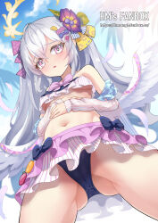 Rule 34 | 1girl, angel wings, ass, azusa (blue archive), azusa (swimsuit) (blue archive), bikini, blue archive, blue sky, blurry, bow, breasts, cloud, cloudy sky, coconut tree, commentary, crossed arms, depth of field, detached sleeves, english commentary, feathered wings, flower, frilled bikini, frills, from below, groin, hair between eyes, hair bow, hair flower, hair ornament, hair ribbon, hairclip, halo, highres, hm (hmongt), long hair, looking at viewer, looking down, navel, official alternate costume, official alternate hairstyle, outdoors, palm tree, parted lips, purple eyes, ribbon, short sleeves, sidelocks, sky, small breasts, solo, stomach, swimsuit, tree, two side up, underboob, white hair, white wings, wings