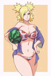 Rule 34 | 1girl, bare shoulders, bikini, bikini under clothes, blonde hair, breasts, food, fruit, hands on own hips, huge breasts, indy rique, large breasts, naruto (series), navel, quad tails, smile, spiked hair, swimsuit, temari (naruto), thick thighs, thighs, watermelon