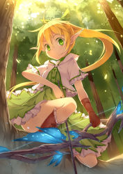 Rule 34 | 1girl, arrow (projectile), blonde hair, bow (weapon), brown gloves, dress, elf, forest, fred04142, gloves, green dress, green eyes, hood, hooded jacket, jacket, long hair, nature, original, pointy ears, ponytail, single glove, solo, tree, very long hair, weapon