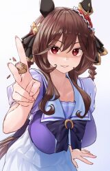 Rule 34 | 1girl, animal ears, bow, breasts, brown hair, commentary request, cowboy shot, ear covers, ear ornament, gentildonna (umamusume), hair between eyes, hair ornament, highres, holding, horse ears, horse girl, horse tail, large breasts, nabe puyo, puffy short sleeves, puffy sleeves, purple bow, purple shirt, red eyes, sailor collar, school uniform, shirt, short hair, short sleeves, sidelocks, simple background, skirt, smile, solo, summer uniform, tail, tracen school uniform, umamusume, v, walnut, white background, white skirt