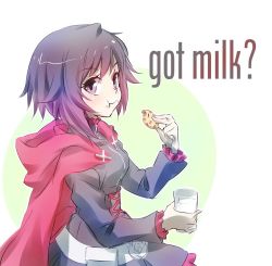 Rule 34 | 1girl, black dress, cape, chocolate chip cookie, cookie, dress, english text, food, food on face, glass, iesupa, milk, red cape, red hair, ruby rose, rwby, solo