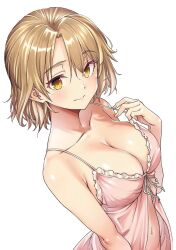 1girl artist_request blonde_hair breasts cleavage collarbone cover light_smile lingerie medium_breasts navel nightgown png_conversion short_hair third-party_edit underwear yellow_eyes