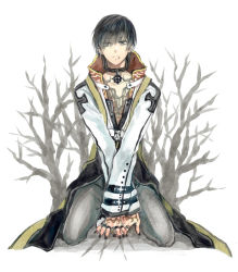 Rule 34 | 1boy, arch bishop (ragnarok online), black coat, black eyes, black hair, chest tattoo, coat, commentary request, full body, grey pants, hair between eyes, kneeling, looking at viewer, male focus, misuguu, multicolored coat, open mouth, own hands together, pants, ragnarok online, short hair, solo, tattoo, two-tone coat, white background, white coat