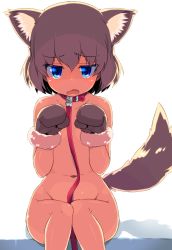 Rule 34 | 10s, 1girl, animal ears, backlighting, blonde hair, blue eyes, blush, collar, commentary, covering privates, covering crotch, dog ears, dog tail, fang, flat chest, frown, girls und panzer, highres, katyusha (girls und panzer), kemonomimi mode, leash, looking at viewer, mittens, navel, nude, open mouth, shadow, short hair, solo, standing, sw (taco), tail, white background