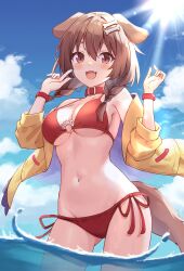 Rule 34 | 1girl, :3, :d, animal collar, animal ears, bikini, blue sky, blush, bone hair ornament, braid, breasts, brown eyes, brown hair, collar, day, dog ears, dog girl, dog tail, fang, gluteal fold, hair between eyes, hair ornament, highres, hololive, inugami korone, jacket, large breasts, lens flare, long hair, looking at viewer, low twin braids, minazuki mizu, navel, open clothes, open jacket, open mouth, outdoors, red bikini, red collar, side-tie bikini bottom, sky, smile, solo, swimsuit, tail, twin braids, virtual youtuber, wading, water, yellow jacket