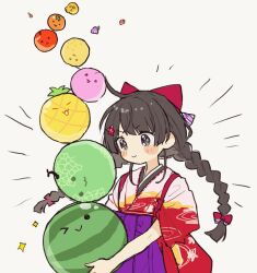Rule 34 | &gt; o, 1girl, :3, apple, black eyes, black hair, blush stickers, bow, braid, cantaloupe, commentary, cowboy shot, floating hair, flower, food, food with face, fruit, grapefruit, grapes, hair bow, hair flower, hair ornament, hakama, highres, holding, holding food, japanese clothes, kimono, lemon, long hair, looking at food, low twin braids, mrokr, multicolored clothes, multicolored kimono, multiple hair bows, nijisanji, one eye closed, orange (fruit), peach, pineapple, print kimono, purple hakama, red bow, red flower, red kimono, sleeves rolled up, smile, solo, sparkle, sparkling eyes, stack, strawberry, suika game, symbol-only commentary, tasuki, tsukino mito, tsukino mito (4th costume), twin braids, virtual youtuber, watermelon, white background, white kimono
