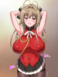 Rule 34 | 1girl, :o, amagi brilliant park, antenna hair, armpits, arms up, blush, bow, breasts, breasts apart, brown eyes, brown hair, covered erect nipples, cowboy shot, embarrassed, female focus, hair between eyes, hair bow, hair intakes, highres, kageusu gokuto, large breasts, legs, long hair, looking at viewer, military, military uniform, nose blush, open mouth, pantyhose, puffy areolae, sento isuzu, simple background, skirt, solo, sound effects, standing, thighs, uniform