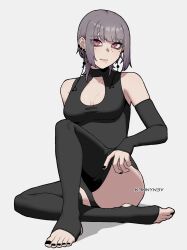 Rule 34 | 1girl, artist name, bare shoulders, black leotard, black nails, black thighhighs, breasts, chainsaw man, cleavage, collarbone, collared leotard, detached sleeves, ear piercing, earrings, expressionless, fami (chainsaw man), full body, gradient background, grey background, highres, jewelry, k3nnyn3v, knee up, leotard, looking at viewer, medium breasts, mole, mole under eye, mole under mouth, nail polish, piercing, purple eyes, purple hair, sitting, solo, stirrup legwear, thighhighs, toeless legwear, toenail polish, toenails, triangle earrings