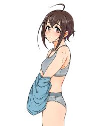 Rule 34 | 1girl, absurdres, ahoge, blush, breasts, brown hair, from side, grey panties, grey sports bra, highres, idolmaster, idolmaster cinderella girls, looking at viewer, looking to the side, panties, simple background, small breasts, solo, sports bra, sweat, underwear, undressing, ushimochi, wakiyama tamami, white background