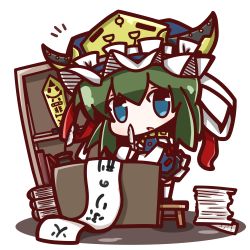 Rule 34 | 1girl, blue eyes, book, chair, chibi, desk, green hair, hat, highres, nuu (nu-nyu), open mouth, papers, pen, rod of remorse, scroll, shelf, shiki eiki, short hair, simple background, solo, touhou, white background