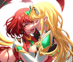 Rule 34 | 2girls, :d, black gloves, blonde hair, bob cut, closed eyes, closed mouth, commission, earrings, elbow gloves, fingerless gloves, gauntlets, gloves, highres, hug, jewelry, long hair, multiple girls, mythra (xenoblade), nithros, open mouth, pants, pyra (xenoblade), red hair, shirt, short hair, sleeveless, sleeveless shirt, smile, split mouth, tiara, vest, white background, white gloves, xenoblade chronicles (series), xenoblade chronicles 2
