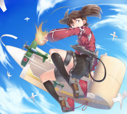 Rule 34 | 10s, 1girl, a6m zero, aircraft, airplane, blue sky, brown eyes, brown hair, cloud, covered mouth, day, flat chest, floating, full body, highres, japanese clothes, kantai collection, kariginu, long sleeves, looking to the side, mecha musume, onmyouji, outdoors, ryuujou (kancolle), scroll, shikigami, short hair, skirt, sky, solo, spirytus tarou, twintails, visor cap