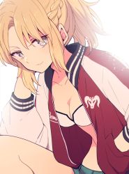 Rule 34 | 1girl, blonde hair, braid, breasts, cleavage, commentary request, fate/grand order, fate (series), green eyes, hand in jacket, jacket, long hair, long sleeves, looking at viewer, medium breasts, mordred (fate), mordred (fate/apocrypha), ponytail, red jacket, ricco (artist), shorts, simple background, smile, solo, white background, white jacket