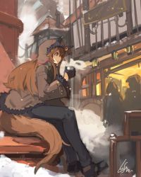 Rule 34 | 1girl, :o, animal ears, black gloves, brown hair, chair, coat, cup, earrings, factory, from side, fur trim, gloves, hair between eyes, half gloves, holding, holding cup, hood up, jewelry, lansane, long hair, long sleeves, orange eyes, original, parted lips, shoes, signature, sitting, snow, solo, tail, tsana (lansane), winter clothes, winter coat, wolf ears, wolf tail