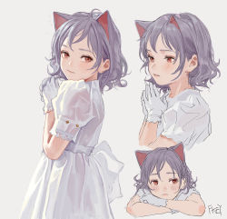 Rule 34 | 1girl, animal ears, artist name, blush, cat ears, commentary, cowboy shot, cropped torso, crossed arms, dress, extra ears, feiqizi (fkey), fkey, gloves, grey background, hands up, light smile, looking at viewer, multiple views, original, own hands together, parted lips, puffy short sleeves, puffy sleeves, red eyes, sash, short hair, short sleeves, signature, silver hair, simple background, standing, upper body, white dress, white gloves, white sash