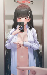 Rule 34 | 1girl, black hair, black nails, blue archive, blunt bangs, blurry, blurry foreground, breasts, bright pupils, collared shirt, covering nipples, covering privates, female pov, hair ornament, hairclip, halo, holding, holding phone, indoors, large breasts, long hair, looking at mirror, meme, mijikayo, mirror, naked shirt, one finger selfie challenge (meme), phone, pov, red eyes, reflection, reflection focus, rio (blue archive), shirt, solo, taking picture, white shirt