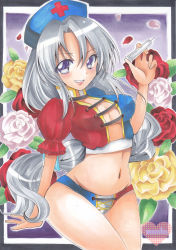 Rule 34 | 1girl, adapted costume, artist name, breasts, cleavage, flower, hat, heart, highres, long hair, looking at viewer, maccha xxxxxx, marker (medium), medium breasts, midriff, navel, nurse cap, petals, purple eyes, rose, smile, solo, syringe, touhou, traditional media, white hair, yagokoro eirin