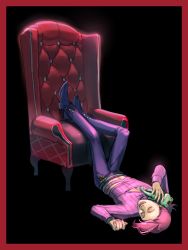Rule 34 | 1boy, animal, bangs pinned back, belt, black background, border, buttons, chair, cleavage cutout, closed eyes, clothing cutout, feet on chair, frog, hands up, highres, holding, holding animal, jojo no kimyou na bouken, legs up, lying, male focus, midriff, navel, nori (tiffanytsaiyyy), on back, open mouth, pants, pectoral cleavage, pectorals, ponytail, short hair, smile, solo, sweater, talking on phone, vento aureo, vinegar doppio