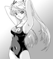 Rule 34 | 00s, 1girl, armpits, arms up, breasts, covered navel, greyscale, medium breasts, monochrome, name tag, one-piece swimsuit, sawachika eri, school rumble, school swimsuit, sideboob, solo, swimsuit, twintails