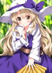 Rule 34 | 1girl, bow, copyright request, hat, hat bow, highres, long hair, one-hour drawing challenge, purple bow, purple skirt, ruu (tksymkw), skirt, solo, split mouth, touhou, very long hair, watatsuki no toyohime, white hat