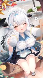 Rule 34 | 1girl, 1other, ?, @ @, alternate breast size, animal, animal ears, apron, autumn leaves, azur lane, bird, black skirt, blue kimono, blush, branch, breasts, brown eyes, brown footwear, chick, commander (azur lane), commentary request, day, disembodied hand, frilled apron, frills, gloves, grey hair, half-closed eye, hands on another&#039;s cheeks, hands on another&#039;s face, highres, japanese clothes, kimono, large breasts, leaf, long hair, long sleeves, looking at viewer, maid, maid headdress, manjuu (azur lane), maple leaf, miyuki (azur lane), one eye closed, open mouth, outdoors, pleated skirt, sandals, shiira (nya rl), sitting, skirt, socks, solo focus, spoken question mark, tears, very long hair, wa maid, water, white apron, white gloves, white socks, wide sleeves, zouri