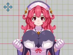 Rule 34 | 1girl, animated, bare shoulders, bouncing breasts, breasts, disgaea, game, gloves, grid background, huge breasts, jewelry, la pucelle, looking at viewer, medium hair, necklace, pixel art, prier, red eyes, red hair, sakuemon, smile, solo, thighs, video