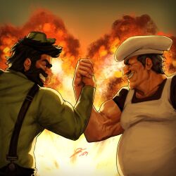 Rule 34 | 2023, 2boys, antonblast, apron, beard, biceps, black hair, black overalls, black shirt, chef hat, commentary, crossover, dynamite anton, english commentary, epic handshake (meme), explosion, facial hair, fat, fat man, fingernails, from side, green headwear, green shirt, grin, hat, highres, long sleeves, looking at another, male focus, manly, meme, multiple boys, muscular, muscular male, mustache, nurve26, overalls, peppino spaghetti, pizza tower, profile, shirt, short hair, short sleeves, signature, smile, teeth, thick beard, thick mustache, trait connection, upper body, v-shaped eyebrows, white apron, white headwear