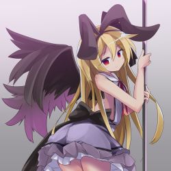 Rule 34 | 1girl, absurdres, animal ears, back bow, bare arms, bare shoulders, black bow, black hairband, black wings, blonde hair, blush, borrowed character, bow, brown background, closed mouth, collared shirt, commentary request, fake animal ears, feathered wings, frilled skirt, frills, gradient background, grey background, hair between eyes, hairband, hands up, head tilt, highres, jewelry, long hair, looking at viewer, looking back, neck ring, original, pole, purple shirt, purple skirt, rabbit ears, red eyes, red ribbon, ribbon, ryogo, shirt, skirt, sleeveless, sleeveless shirt, smile, solo, very long hair, wings