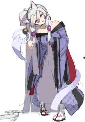 Rule 34 | 1girl, :3, absurdly long hair, adapted costume, alternate hair length, alternate hairstyle, animal ears, bare shoulders, breasts, commentary request, fox ears, full body, ghost, ghost pose, grey hair, head tilt, hikimayu, hiragi sage, large breasts, long hair, long sleeves, looking at viewer, nhk (voiceroid), off shoulder, open mouth, purple robe, red eyes, robe, sandals, sidelocks, simple background, socks, solo, standing, touhoku itako, unfinished, very long hair, voiceroid, white background, white socks, wide sleeves, zouri