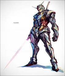 Rule 34 | 1boy, armor, artist name, beam saber, clenched hand, gundam, helmet, holding, holding sword, holding weapon, humanization, k-suwabe, male focus, mobile suit gundam, power armor, rx-78-2, science fiction, shadow, solo, sword, v-fin, weapon, white background, yellow eyes