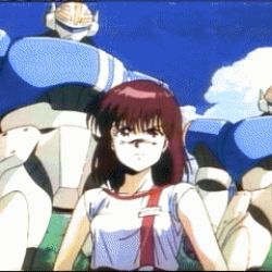 Rule 34 | 1980s (style), angry, animated, animated gif, bouncing breasts, breasts, brown hair, cloud, lowres, mecha, non-web source, oldschool, retro artstyle, robot, takaya noriko, top wo nerae!