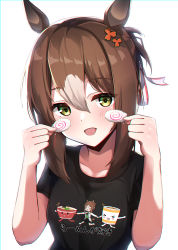 Rule 34 | 1girl, :d, animal ears, ashiminoe, backlighting, black shirt, brown hair, charm (object), commentary request, fine motion (umamusume), folded ponytail, food, green eyes, hair between eyes, hair ornament, highres, horse ears, horse girl, kamaboko, light brown hair, looking at viewer, multicolored hair, narutomaki, open mouth, shirt, smile, solo, streaked hair, umamusume, upper body, white background