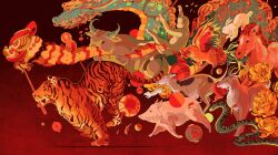 Rule 34 | ball, bird, bull, chicken, chinese zodiac, commentary, dog, dragon, eastern dragon, english commentary, flower, goat, horse, jdebbiel, kite, lantern, monkey, mouse (animal), mouth hold, original, paper lantern, pig, rabbit, red background, red theme, rooster, running, snake, tiger, yellow flower