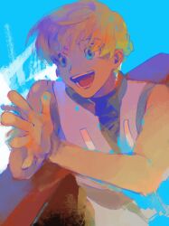 Rule 34 | 1boy, :d, blonde hair, blue eyes, highres, hun bbokbbok, hunter x hunter, looking ahead, male focus, open mouth, outstretched hand, painterly, shalnark, shirt, short hair, sleeveless, smile, solo, upper body