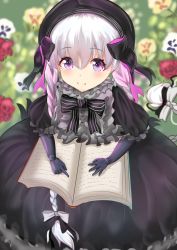 Rule 34 | 10s, 1girl, beret, black bow, black capelet, black dress, black gloves, black hat, blush, book, bow, capelet, closed mouth, commentary request, doll joints, dress, elbow gloves, fate/extra, fate (series), flower, frilled capelet, frilled dress, frills, gloves, gothic lolita, hair between eyes, hair bow, hat, highres, joints, lolita fashion, long hair, low twintails, nursery rhyme (fate), open book, pansy, purple eyes, red flower, red pansy, silver hair, smile, solo, toki (yoyobozi), twintails, very long hair, white bow, white flower, yellow flower