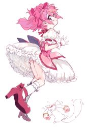 Rule 34 | 10s, 1girl, amezawa koma, bow, bubble skirt, chibi, chibi inset, dress, foreshortening, frills, from behind, gathers, gloves, hair bow, head tilt, kaname madoka, kneehighs, kyubey, looking at viewer, looking back, magical girl, mahou shoujo madoka magica, mahou shoujo madoka magica (anime), parted lips, pink dress, pink eyes, pink hair, pink skirt, puffy sleeves, red footwear, shoes, short hair, short twintails, simple background, skirt, socks, twintails, white background, white gloves, white socks