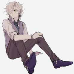 Rule 34 | 1boy, brown pants, collared shirt, cross-shaped pupils, edmond dantes (fate), fate/grand order, fate (series), fukusuu (zeonms 06s), full body, green necktie, grey hair, grey vest, hair over one eye, hand on own knee, knees up, long sleeves, looking to the side, male focus, medium hair, necktie, pants, ponytail, purple footwear, shirt, shoes, simple background, sitting, sleeves rolled up, solo, symbol-shaped pupils, vest, watch, white background, white shirt, wing collar, wristwatch, yellow eyes