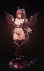 Rule 34 | 1girl, :q, armlet, bare shoulders, blood, breasts, chain, cleavage, cross, demon girl, demon tail, demon wings, elbow gloves, gloves, heart, highres, horns, instant ip, large breasts, long hair, navel, original, panties, panty pull, red eyes, red hair, shiny skin, simple background, skull, solo, spine, tail, thighs, tongue, tongue out, twintails, underwear, wings