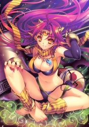 Rule 34 | 1girl, absurdres, anklet, barefoot, breasts, cleavage, fang, feet, grin, highres, image sample, indian style, jewelry, large breasts, leg up, legs, long hair, long legs, nail polish, necklace, oni, pink hair, pink nails, pointy ears, riv (rivleaf), scarf, sitting, smile, solo, spread legs, striped clothes, striped scarf, thighs, third eye, toenail polish, toenails, yellow eyes