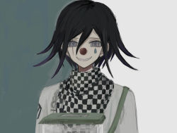 Rule 34 | 1boy, black eyes, black hair, checkered clothes, checkered neckwear, checkered scarf, clown nose, commentary request, danganronpa (series), danganronpa v3: killing harmony, facial mark, grin, hair between eyes, iumi urura, jacket, looking at viewer, male focus, multicolored hair, oma kokichi, portrait, scar, scar across eye, scar on face, scarf, short hair, smile, solo, straitjacket, tears, two-tone hair, upper body, white jacket