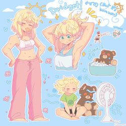 Rule 34 | 1girl, = =, absurdres, alternate hairstyle, armpits, arms up, barefoot, black shorts, blonde hair, breasts, bridget (guilty gear), casual, cleavage, collage, commentary, crop top, drawstring, electric fan, english commentary, english text, folded ponytail, food, food in mouth, genderswap, genderswap (mtf), green eyes, guilty gear, guilty gear strive, highres, hot, ice bucket, indian style, long hair, medium breasts, midriff, navel, pants, pink pants, popsicle, roger (guilty gear), shirt, shorts, sideboob, sidelocks, sitting, solo focus, sports bra, standing, striped, striped shirt, stuffed animal, stuffed toy, supacreamss, sweat, tank top, teddy bear, tying hair, white sports bra, wind, wind lift