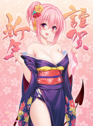 Rule 34 | 1girl, absurdres, bare shoulders, blush, breasts, cleavage, collarbone, covered erect nipples, cygnus (cygnus7), flower, hair bun, hair flower, hair ornament, highres, holding, holding clothes, holding panties, holding underwear, japanese clothes, kimono, large breasts, looking at viewer, momo velia deviluke, panties, pink hair, purple eyes, short hair, smile, solo, tail, thighs, to love-ru, to love-ru darkness, underwear