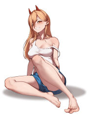 Rule 34 | 1girl, absurdres, bare arms, bare legs, barefoot, blonde hair, blue shorts, blush, breasts, chainsaw man, cleavage, collarbone, grin, hair between eyes, highres, horns, leaning back, long hair, looking at viewer, medium breasts, morinosuke, off shoulder, orange eyes, power (chainsaw man), shirt, short shorts, shorts, simple background, sitting, sleeveless, sleeveless shirt, smile, solo, straight hair, strap slip, very long hair, white background, white shirt